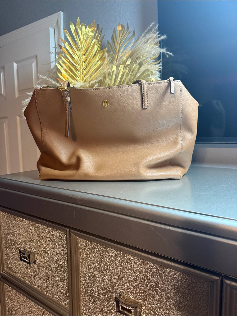 USED Tory Burch Camel/Tan Leather Tote with Gold Logo